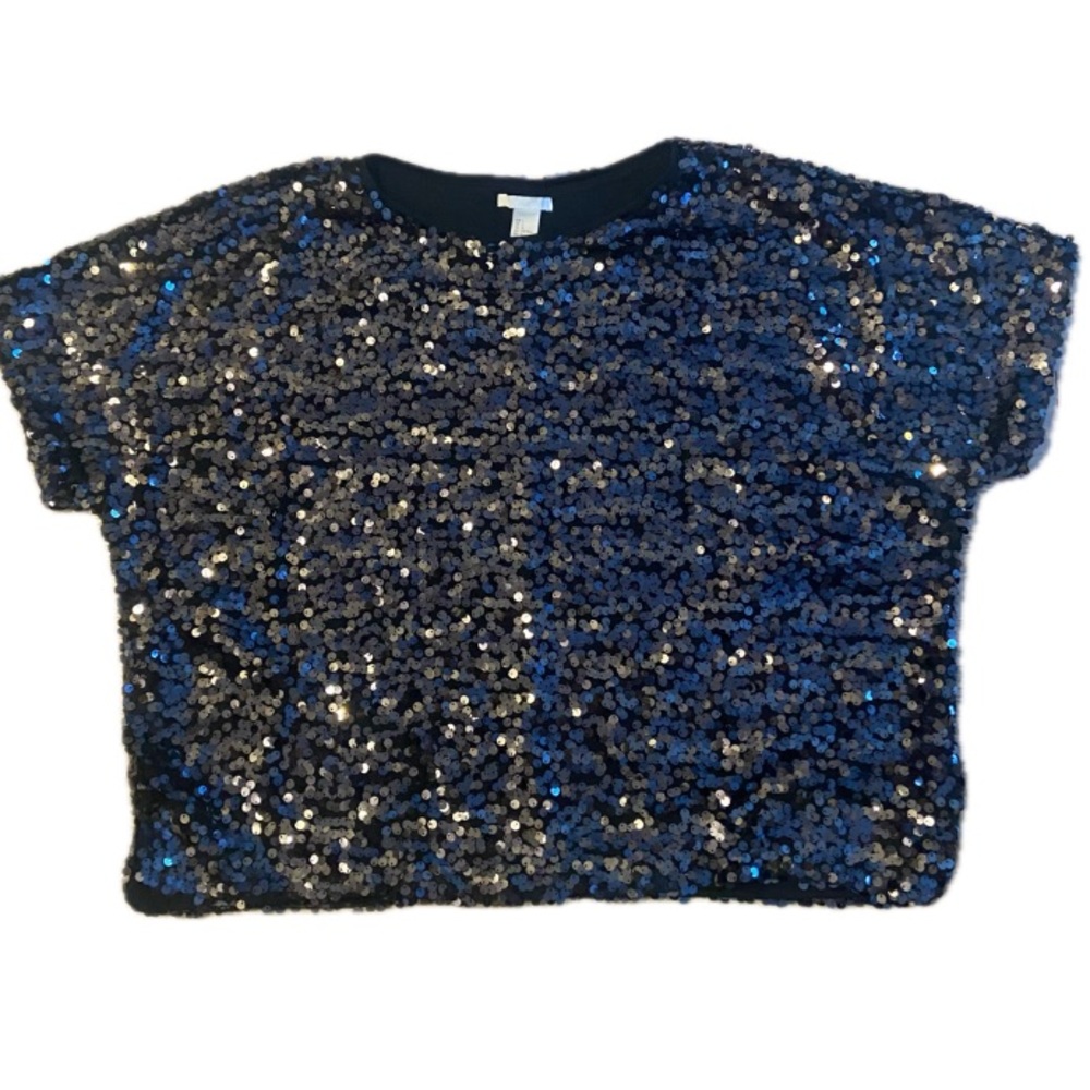 H&M Black Sequin Top Large Boxy Relaxed Party Evening NWOT - Picture 2 of 10